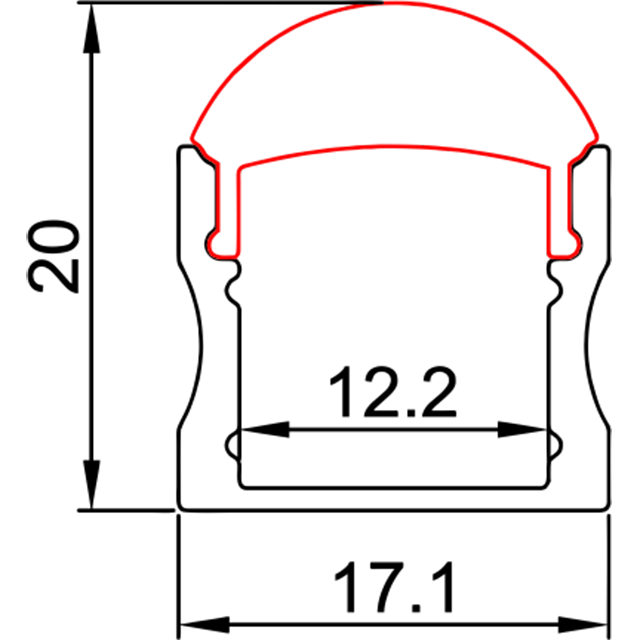 L17,1 mm * A20 mm (Largura interna 12,2 mm) LED Perfil de alumínio Ângulo de feixe de 30°