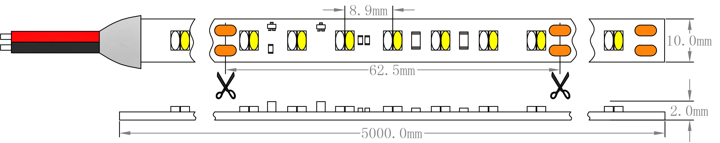 SMD2216 Dim Dim to Warm LED Strip Light Dimens&atilde;o