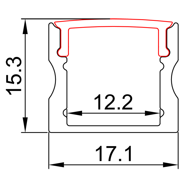 L17,1 mm * A15,3 mm (Largura interna 12,2 mm) LED Perfil de alumínio sem asa